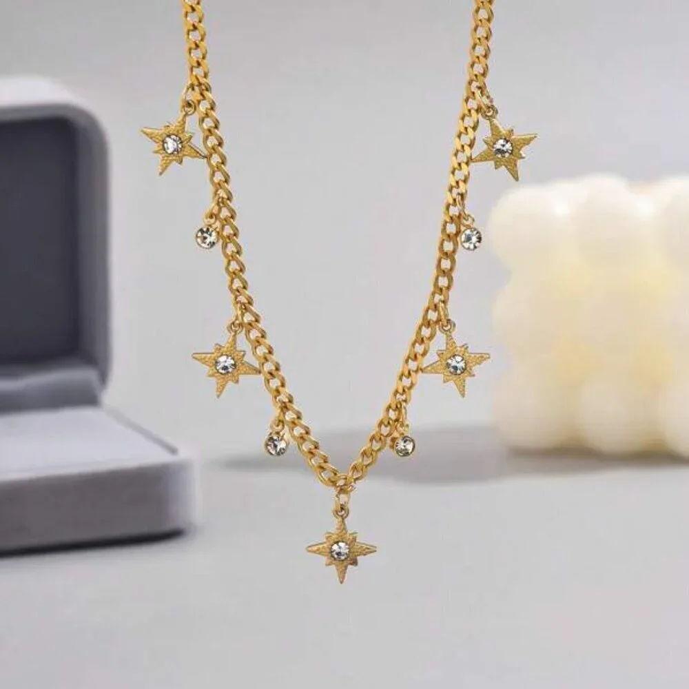 18K Gold Filled Star Charm Necklace with Crystal Accents